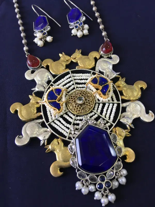 Handcrafted Dual-Tone Pachi Kundan Necklace with Semi-Precious Stones-Long Necklace Sets
