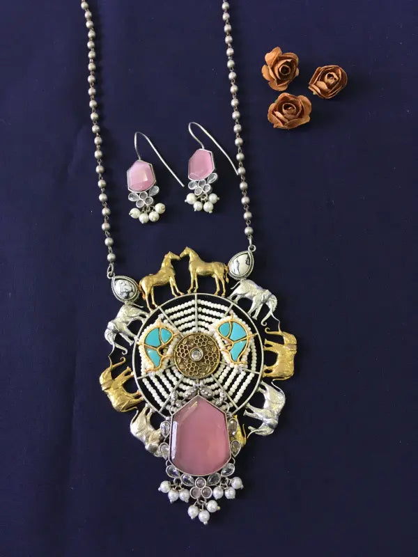 Handcrafted Dual-Tone Pachi Kundan Necklace with Semi-Precious Stones-Long Necklace Sets