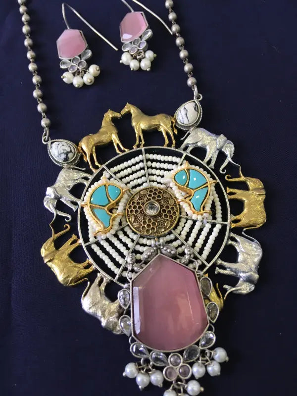Handcrafted Dual-Tone Pachi Kundan Necklace with Semi-Precious Stones-Long Necklace Sets