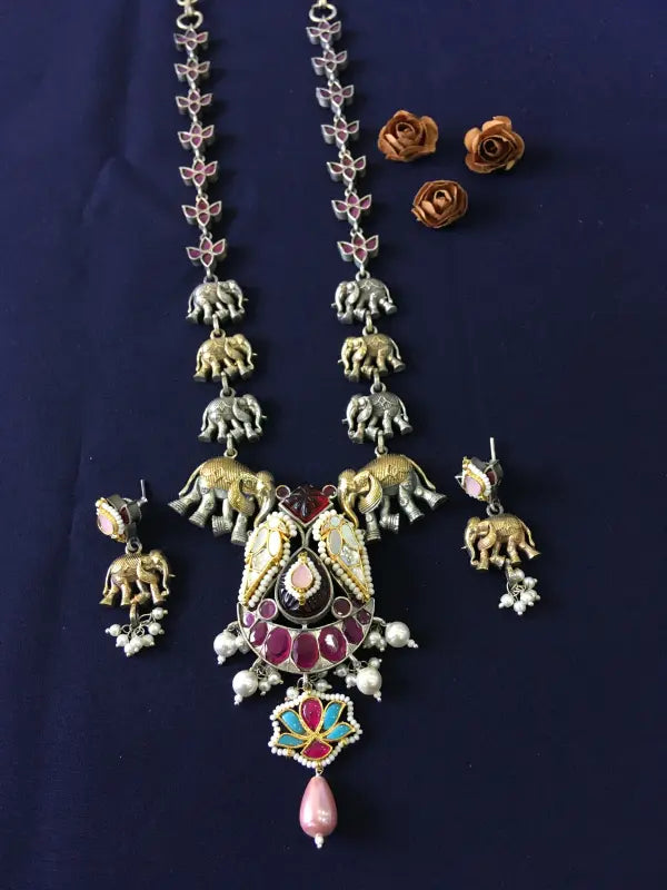 Handcrafted Pink Pachi Kundan Necklace with Copper, Brass, and Semi-Precious Stones-Long Necklace Sets