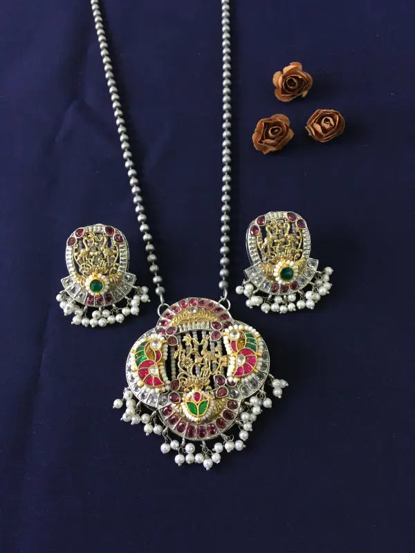 Handcrafted Dual Tone Pink Pachi Kundan Pendant – Semi-Precious Stone, Bead & German Silver-Long Necklace Sets