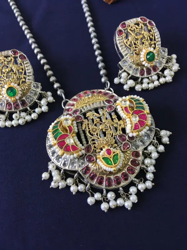 Handcrafted Dual Tone Pink Pachi Kundan Pendant – Semi-Precious Stone, Bead & German Silver-Long Necklace Sets