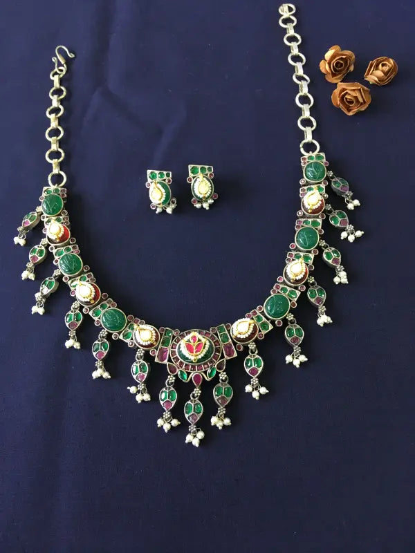 Multi-Colored Pachi Kundan Necklace with Brass and German Silver-Regular Necklace Sets