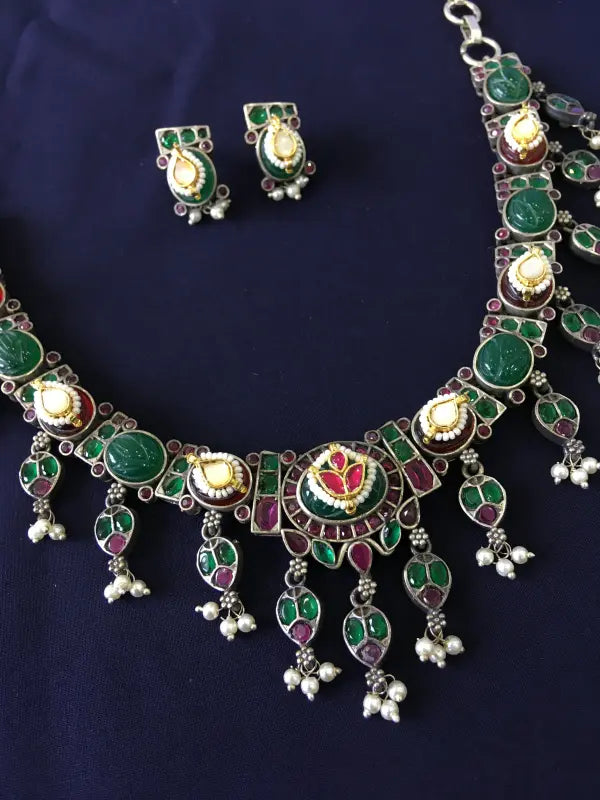 Multi-Colored Pachi Kundan Necklace with Brass and German Silver-Regular Necklace Sets