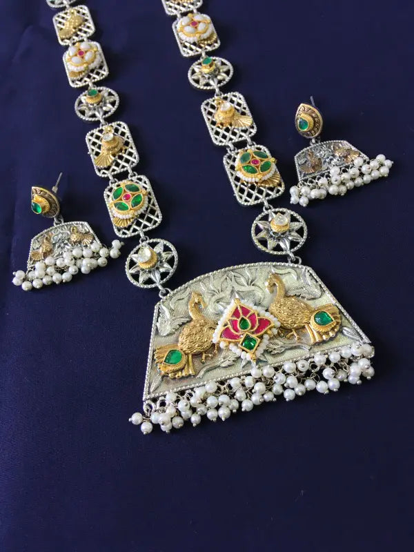 Handcrafted Dual Tone Pachi Kundan Necklace – Glass Stone, Brass, Semi-Precious Stone & Bead -Long Necklace Sets