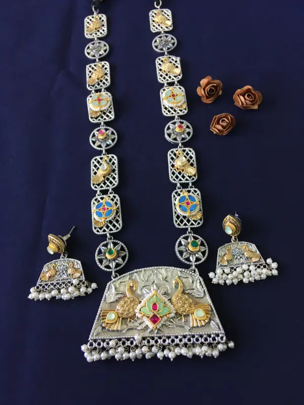 Handcrafted Dual Tone Pachi Kundan Necklace – Glass Stone, Brass, Semi-Precious Stone & Bead -Long Necklace Sets