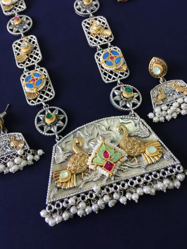 Handcrafted Dual Tone Pachi Kundan Necklace – Glass Stone, Brass, Semi-Precious Stone & Bead -Long Necklace Sets