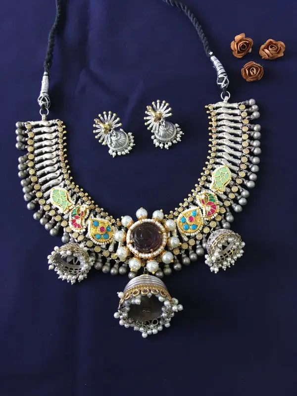 Elegant Dual-Tone Pachi Kundan Necklace with Cultured Pearls-Short Necklace Sets