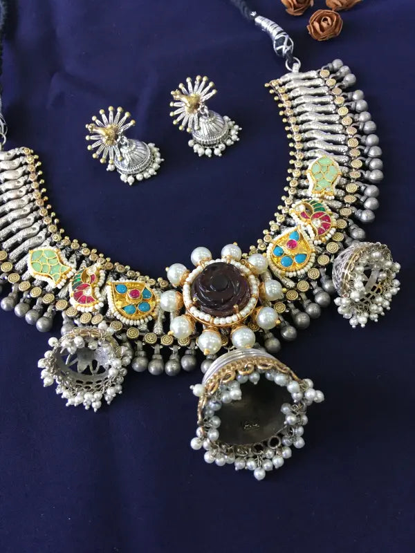 Elegant Dual-Tone Pachi Kundan Necklace with Cultured Pearls-Short Necklace Sets