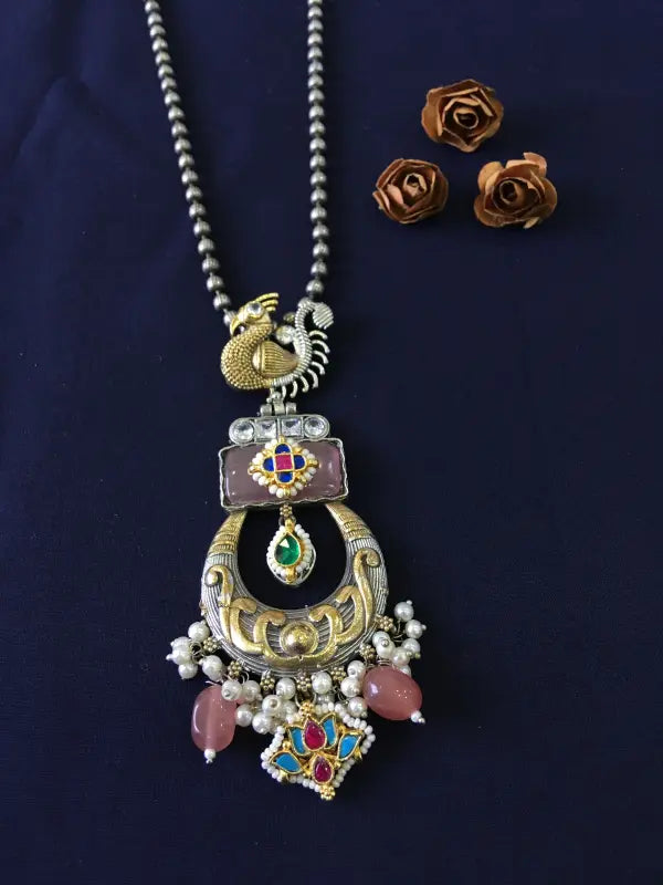 Handcrafted Dual Tone Pachi Kundan Pendant – Brass & Copper
-Long Necklaces