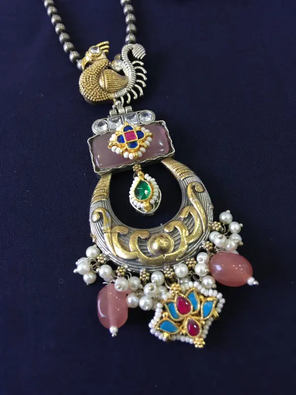 Handcrafted Dual Tone Pachi Kundan Pendant – Brass & Copper
-Long Necklaces