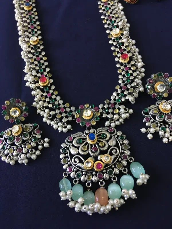 Dual Tone Pachi Kundan Handcrafted Necklace-Long Necklace Sets
