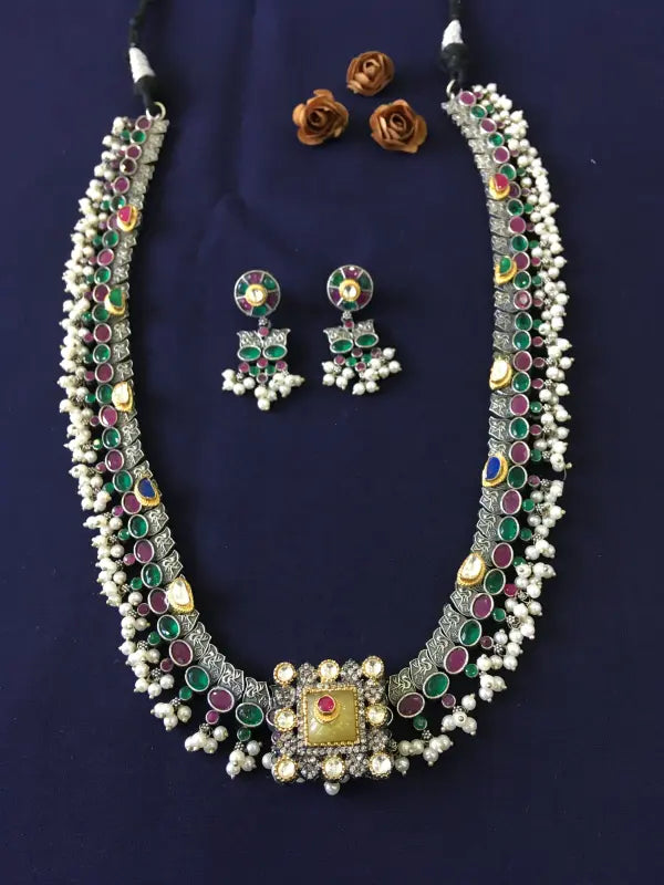 Multi-Color Pachi Kundan Dual Tone Necklace with Handcrafted Beadwork-Long Necklace Sets