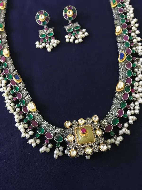 Multi-Color Pachi Kundan Dual Tone Necklace with Handcrafted Beadwork-Long Necklace Sets