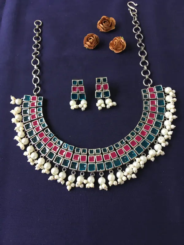Handcrafted Meenakari Necklace with Cultured Pearls and Brass Accents
-Short Necklace Sets