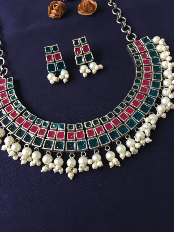 Handcrafted Meenakari Necklace with Cultured Pearls and Brass Accents
-Short Necklace Sets