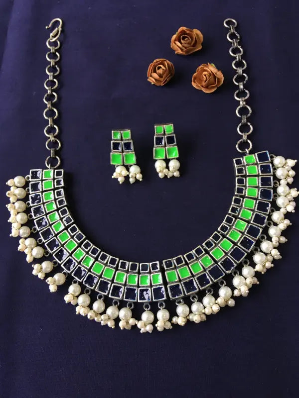 Handcrafted Meenakari Necklace with Cultured Pearls and Brass Accents
-Short Necklace Sets