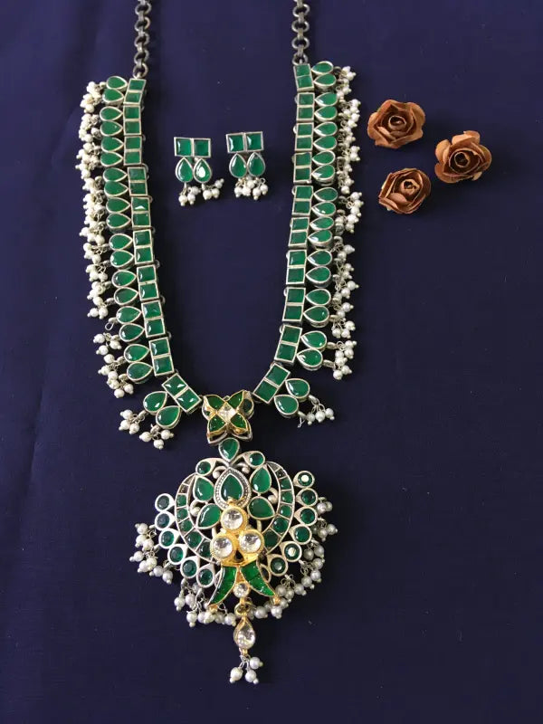 Handcrafted Green Pachi Kundan Necklace with Brass, Copper, German Silver & Beads-Regular Necklace Sets