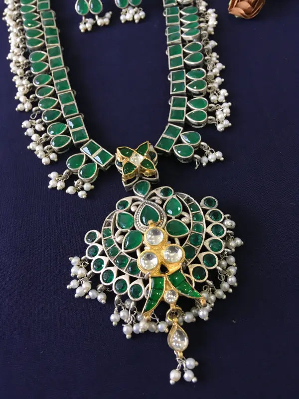 Handcrafted Green Pachi Kundan Necklace with Brass, Copper, German Silver & Beads-Regular Necklace Sets
