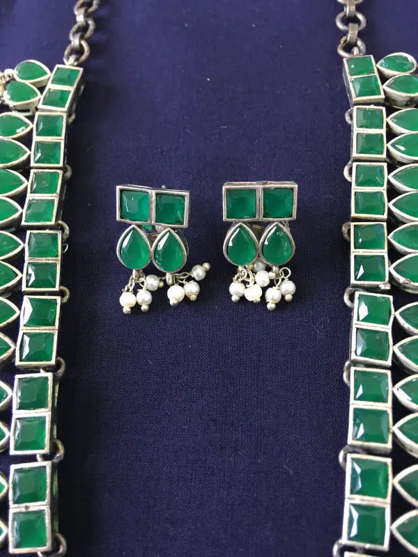 Handcrafted Green Pachi Kundan Necklace with Brass, Copper, German Silver & Beads-Regular Necklace Sets