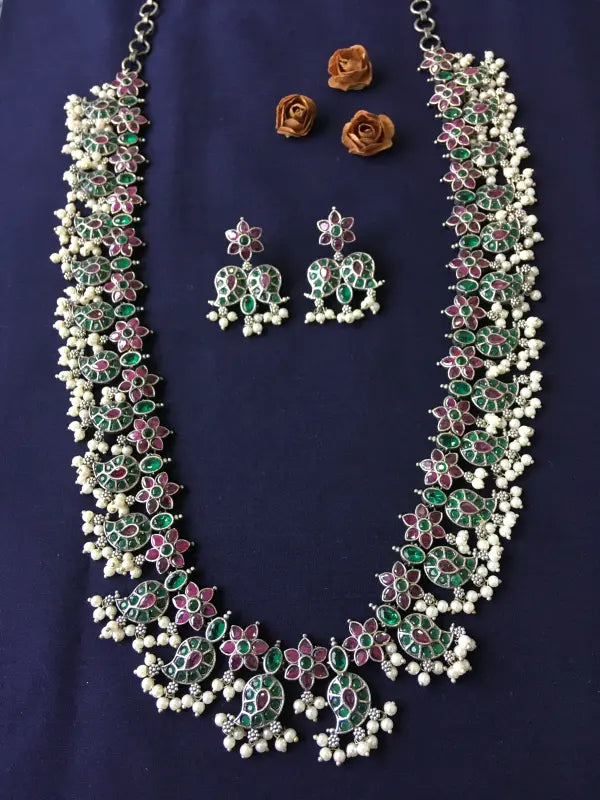 Handcrafted Oxidized Pendant – Beadwork & Semi-Precious Stone-Long Necklace Sets