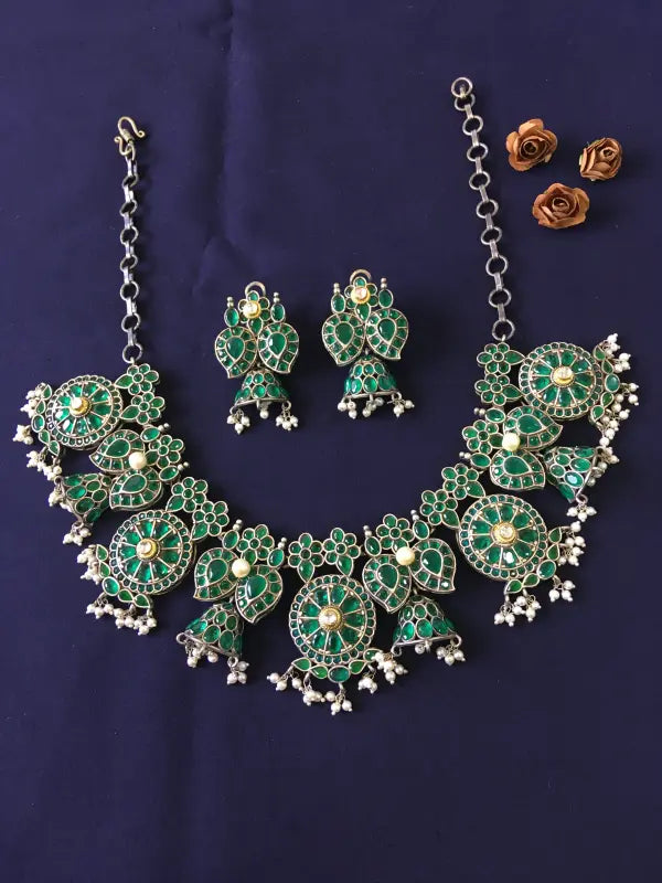 Handcrafted Green Pachi Kundan Necklace with Brass, Beads, Glass and Semi-Precious Stones-Short Necklace Sets