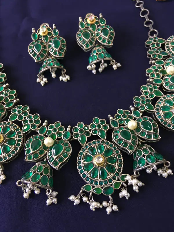 Handcrafted Green Pachi Kundan Necklace with Brass, Beads, Glass and Semi-Precious Stones-Short Necklace Sets
