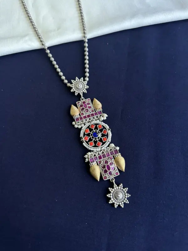 Handcrafted Dual Tone Necklace – Semi-Precious Stone, Bead, Brass & German Silver (Orange/Pink)-Long Necklaces