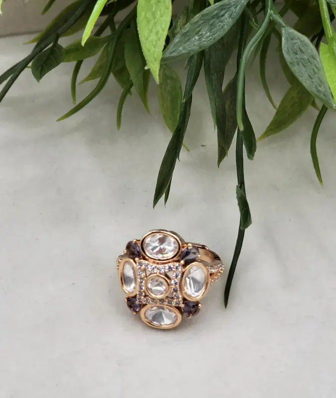 Handcrafted Glass Stone Jewelry in Golden Tone - Ring