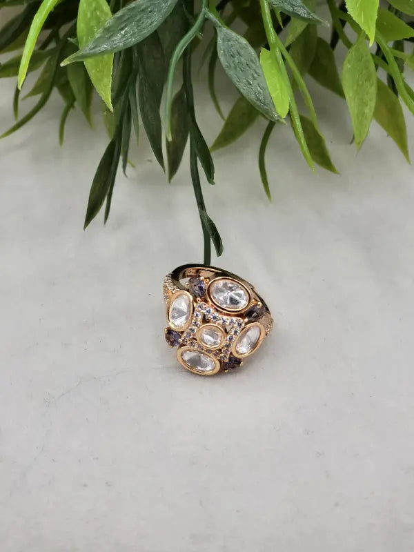 Handcrafted Glass Stone Jewelry in Golden Tone - Ring