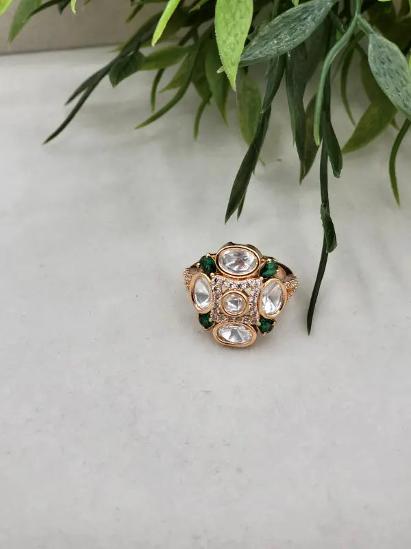 Handcrafted Glass Stone Jewelry in Golden Tone - Ring