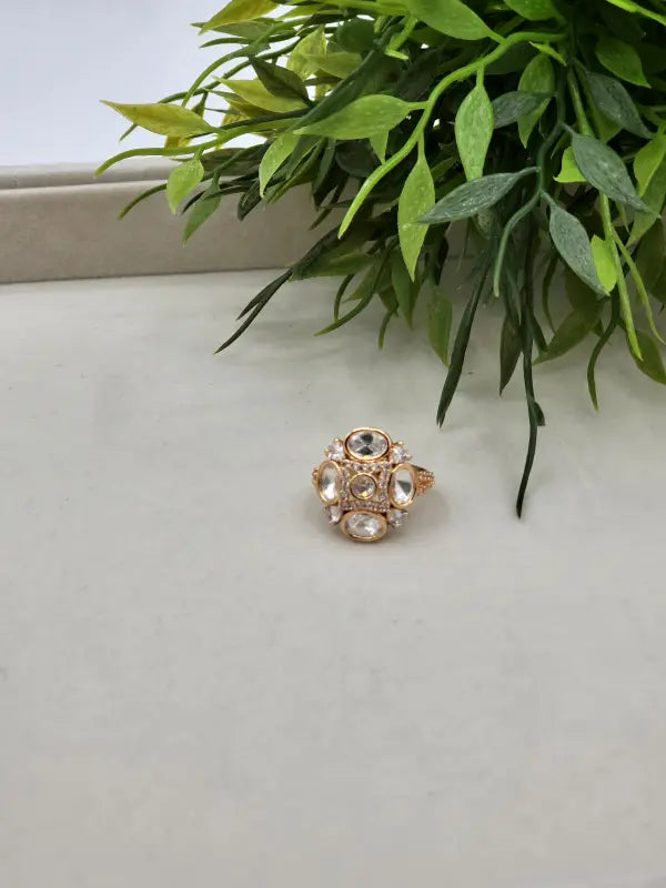 Handcrafted Glass Stone Jewelry in Golden Tone - Ring