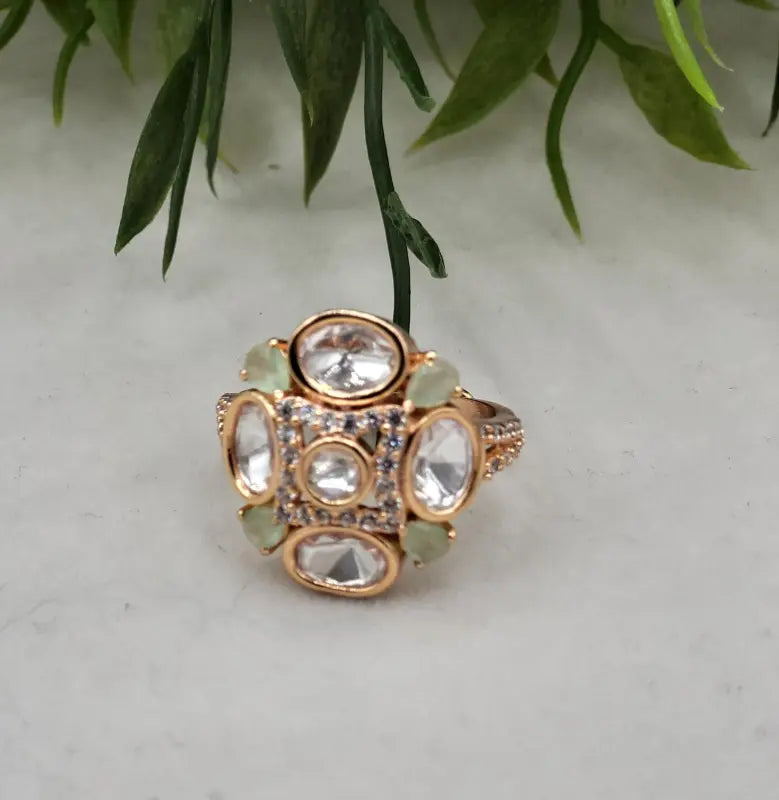 Handcrafted Glass Stone Jewelry in Golden Tone - Ring