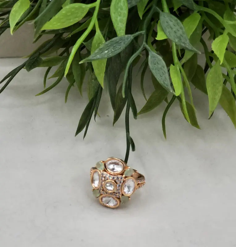 Handcrafted Glass Stone Jewelry in Golden Tone - Ring