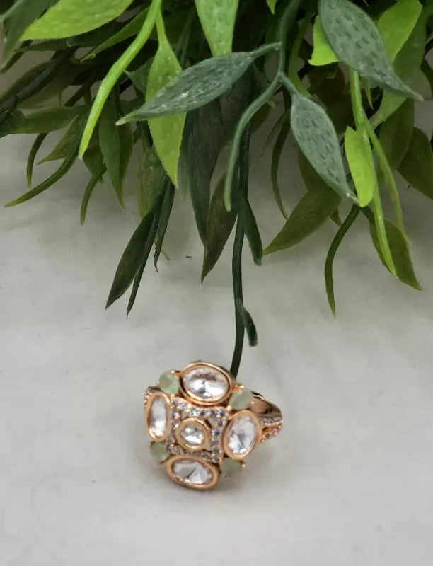 Handcrafted Glass Stone Jewelry in Golden Tone - Ring