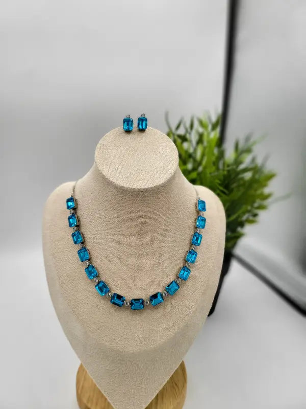 Handcrafted Blue Glass Stone Jewelry with Silver Tone - Necklace Set