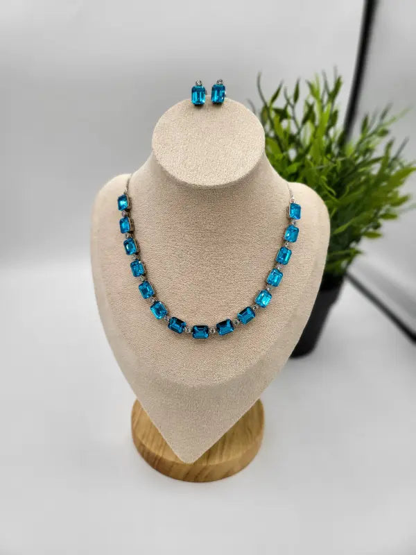 Handcrafted Blue Glass Stone Jewelry with Silver Tone - Necklace Set