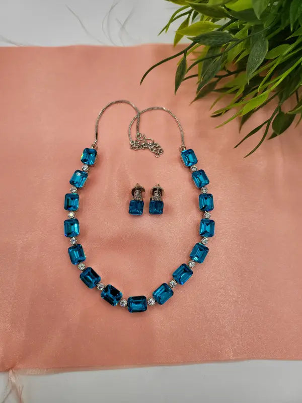 Handcrafted Blue Glass Stone Jewelry with Silver Tone - Necklace Set