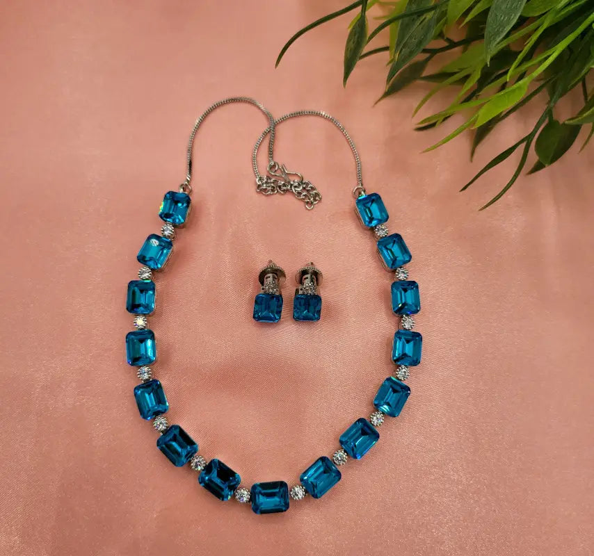 Handcrafted Blue Glass Stone Jewelry with Silver Tone - Necklace Set