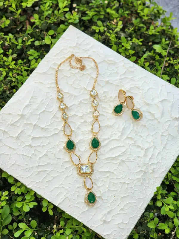 Handcrafted Jewelry with Glass Stone, Copper Alloy, Mother of Pearls & Cubic Zirconia - Necklace Set