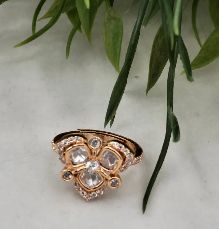 Elegant Handcrafted Kundan Jewelry in Golden Tone with White Accents - Ring
