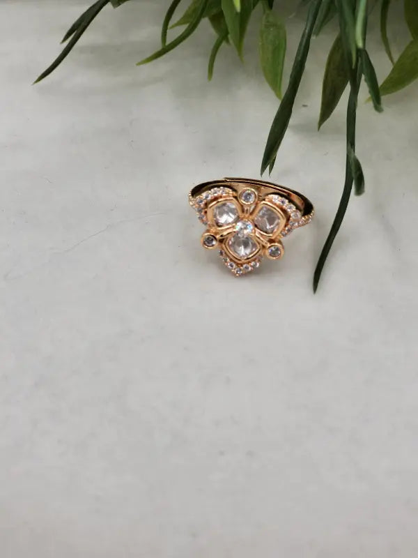 Elegant Handcrafted Kundan Jewelry in Golden Tone with White Accents - Ring