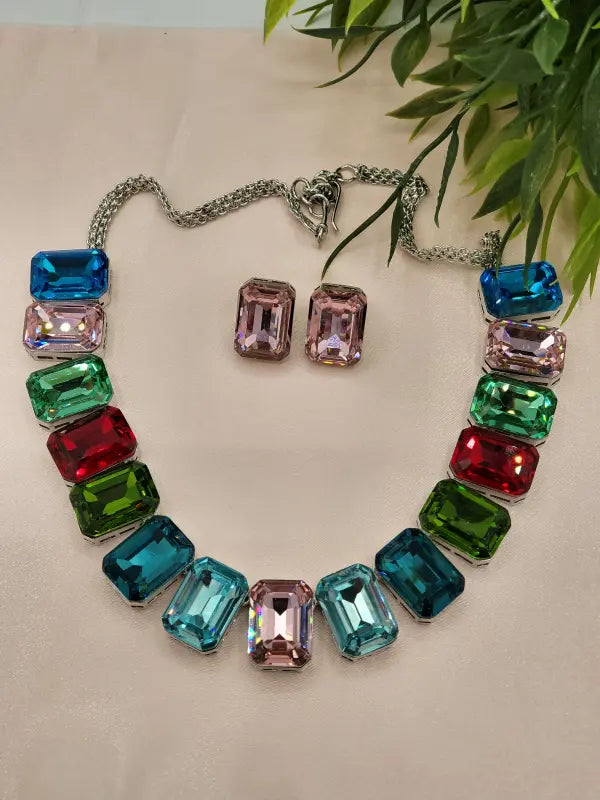 Handcrafted Multi-Color Stone Setting Jewelry with Copper Alloy & Glass Stone - Necklace Set