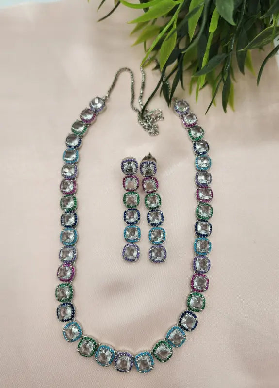 Handcrafted Stone Copper Alloy Jewelry with Cubic Zirconia and Glass Stone – Silver-Tone Elegance - Necklace Set