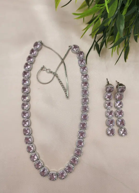 Handcrafted Stone Copper Alloy Jewelry with Cubic Zirconia and Glass Stone – Silver-Tone Elegance - Necklace Set