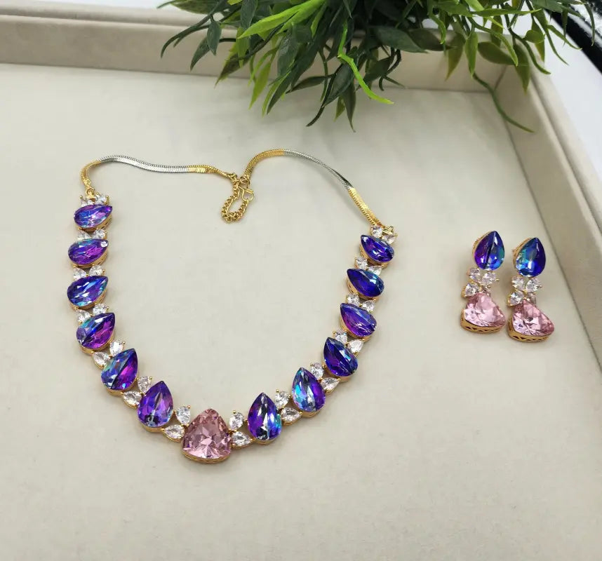 Handcrafted Blue Elegance Jewelry with Cubic Zirconia and Glass Stone Tone - Necklace Set