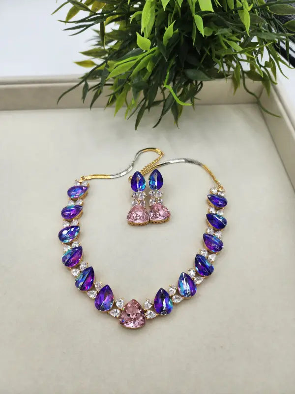 Handcrafted Blue Elegance Jewelry with Cubic Zirconia and Glass Stone Tone - Necklace Set
