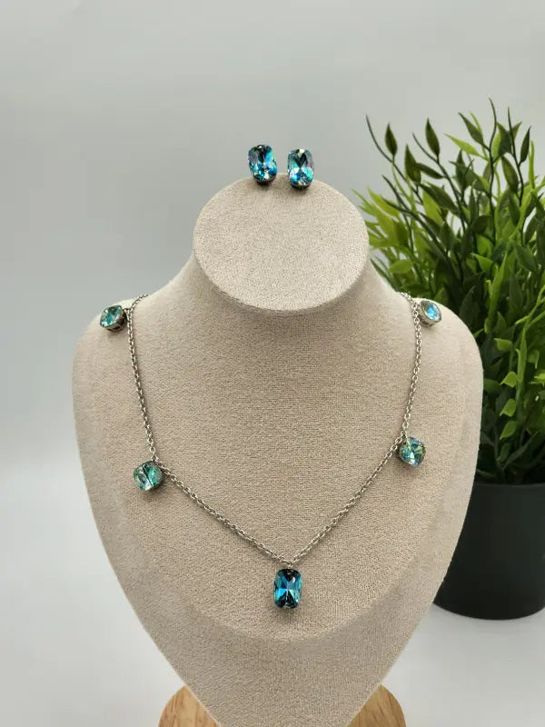 Handcrafted Jewelry with Glass Stone – Shiny Silver-Tone Elegance - Necklace Set