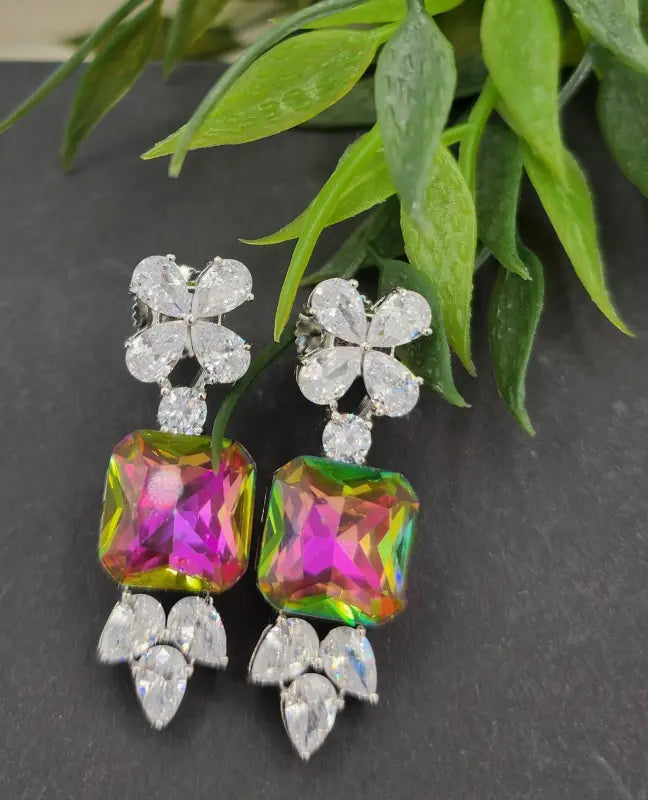 Handcrafted Jewelry with Glass Stone – Shiny Silver-Tone Elegance - Earrings