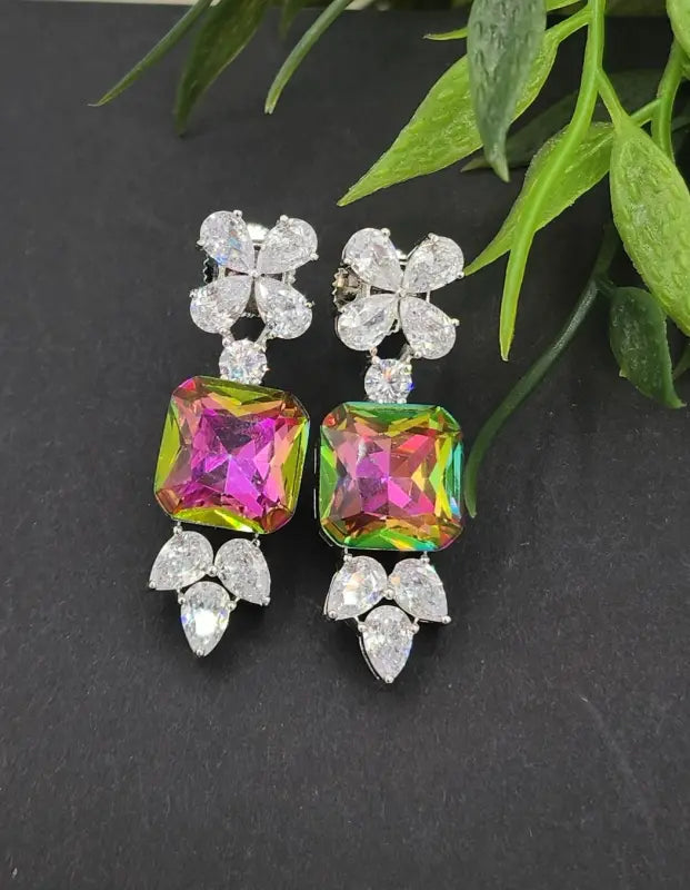 Handcrafted Jewelry with Glass Stone – Shiny Silver-Tone Elegance - Earrings